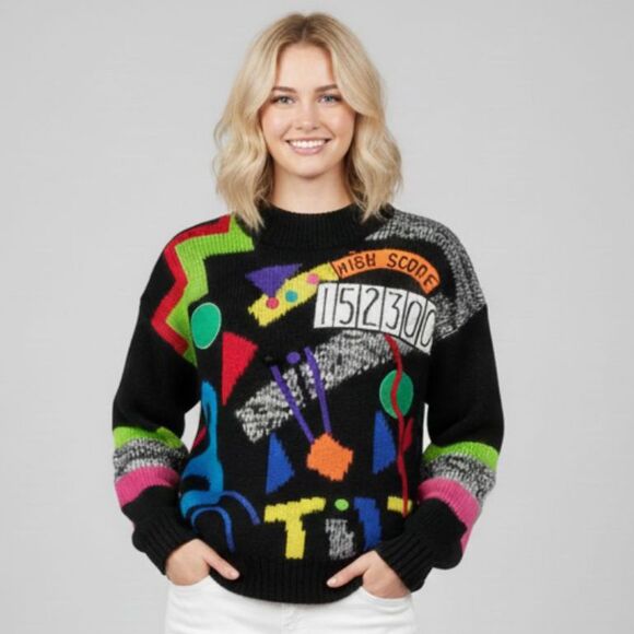 Rare C.S.L. Cherry Stix Retro 80s 90s Women's Knit Sweater High Score Top Size M - Picture 1 of 7